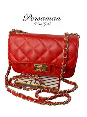 PERSAMAN NEW YORK Italian red quilted leather bag with gold chain strap